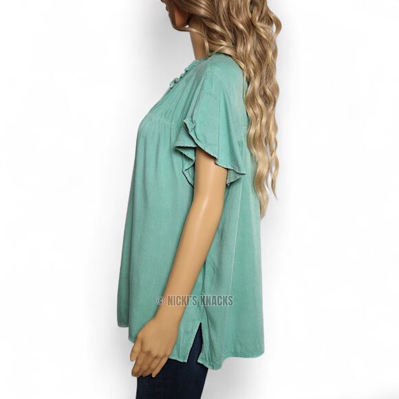 Rails Ruthie Ruffle Cap Sleeve Snap Front Basil Green Blouse Top Size XL - Picture 4 of 9